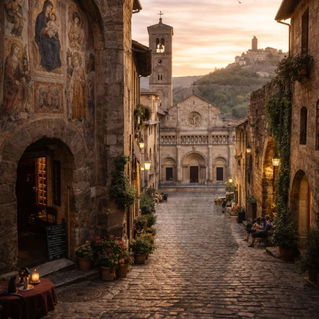 Ancient Italian hill town street with cobblestones, historic frescoes, arched stone buildings, and a Romanesque church glowing in evening light.