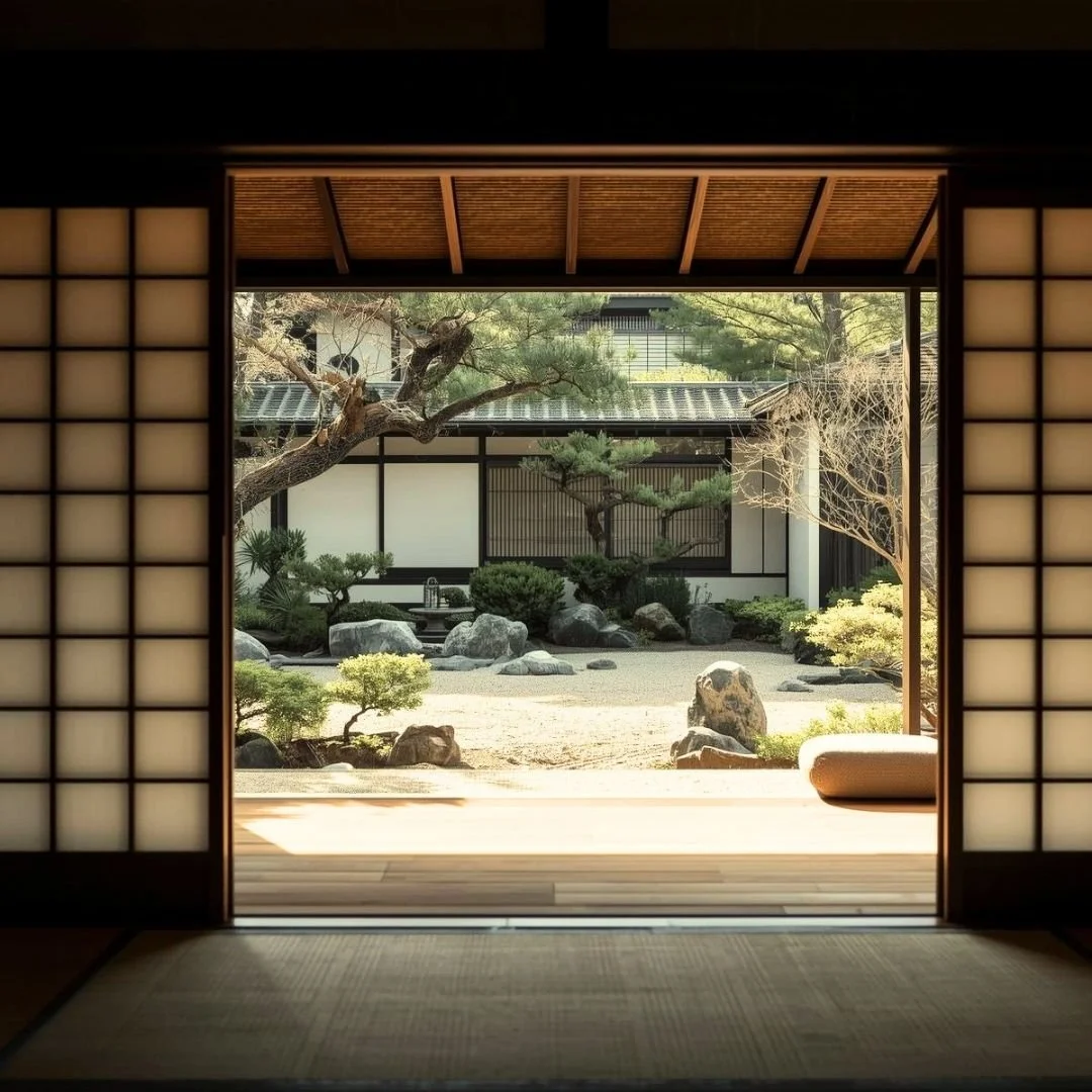 A serene view from a traditional Japanese ryokan opening onto a zen garden, capturing a calm and balanced travel experience in Japan