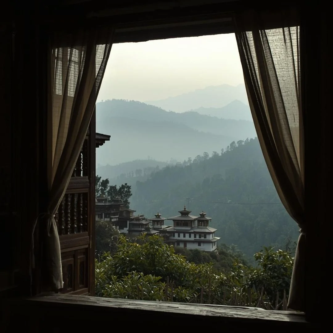 Misty Himalayan mountains viewed through a window, with traditional Bhutanese architecture nestled in the valley below