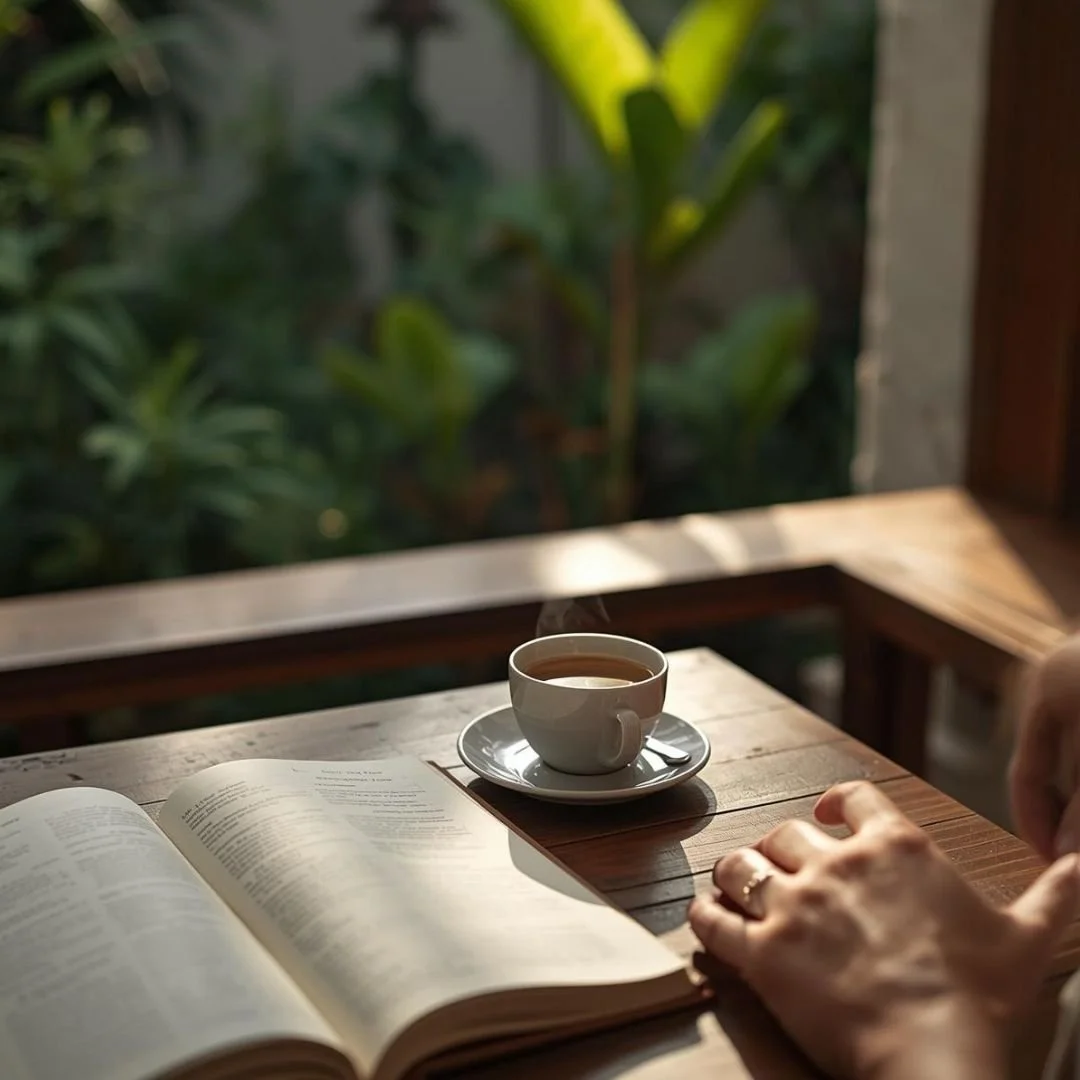 Open book and coffee on a quiet Bali terrace in soft natural light, with lush greenery in the background