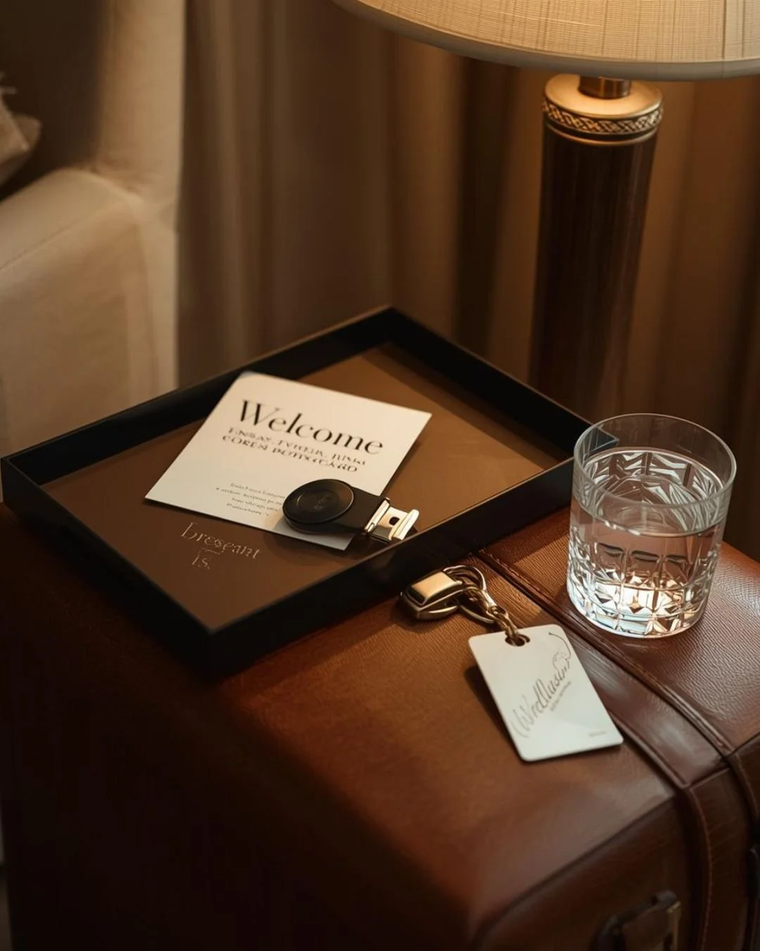 Warmly lit hotel bedside scene with a leather suitcase, a tray holding a welcome card and room key, a glass of water, and a luggage tag resting on the luggage.