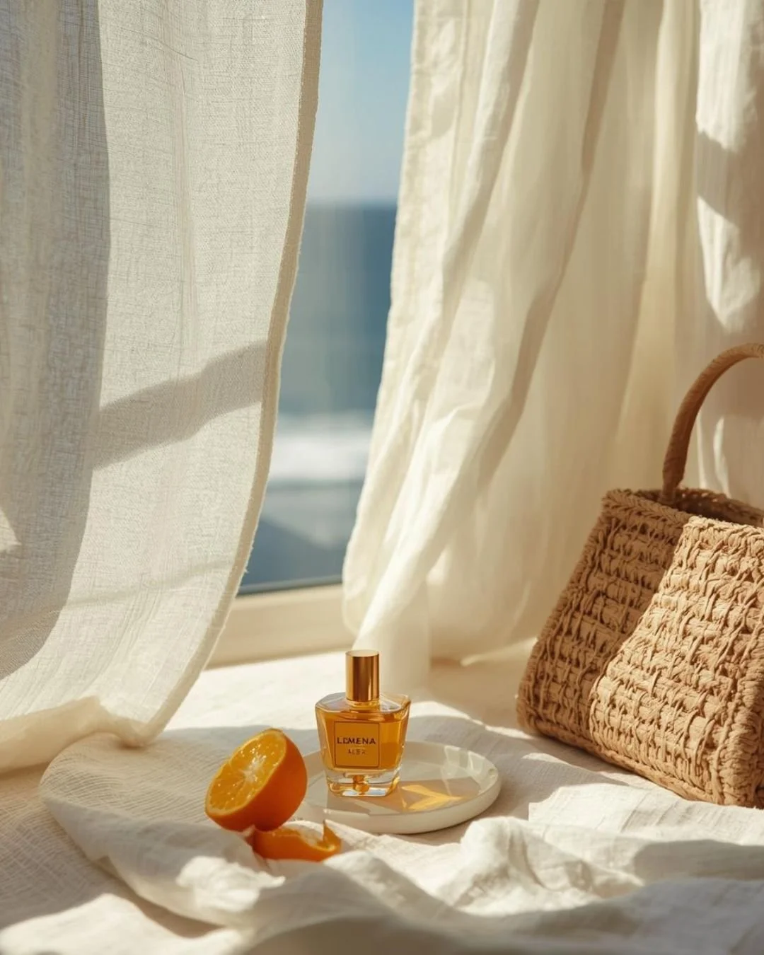 Sunlit window scene with sheer curtains, a woven straw bag, a perfume bottle on a small dish, and a peeled orange resting on soft linen.