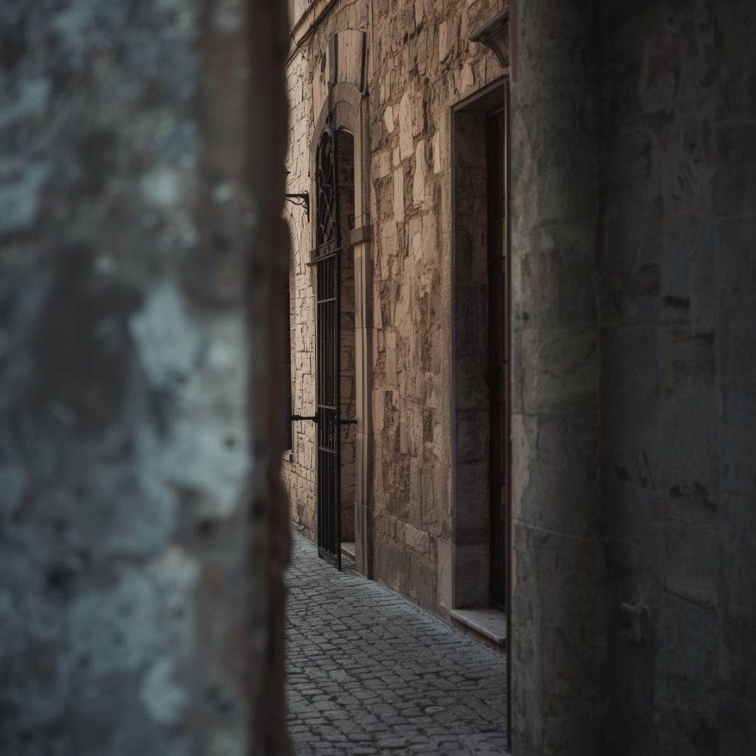 Narrow stone alley with cobblestone path and weathered walls in a historic Croatian town, soft light and quiet atmosphere