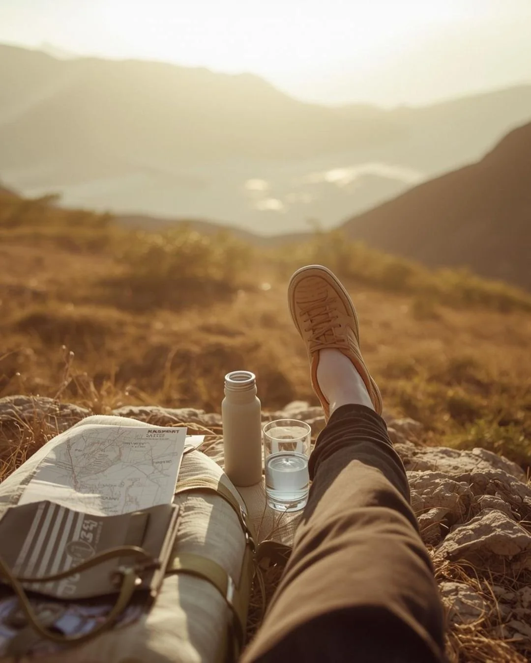 Relaxed viewpoint from someone resting on a hillside at golden hour, with a map, notebook, water bottle, and glass beside them overlooking hazy mountains.