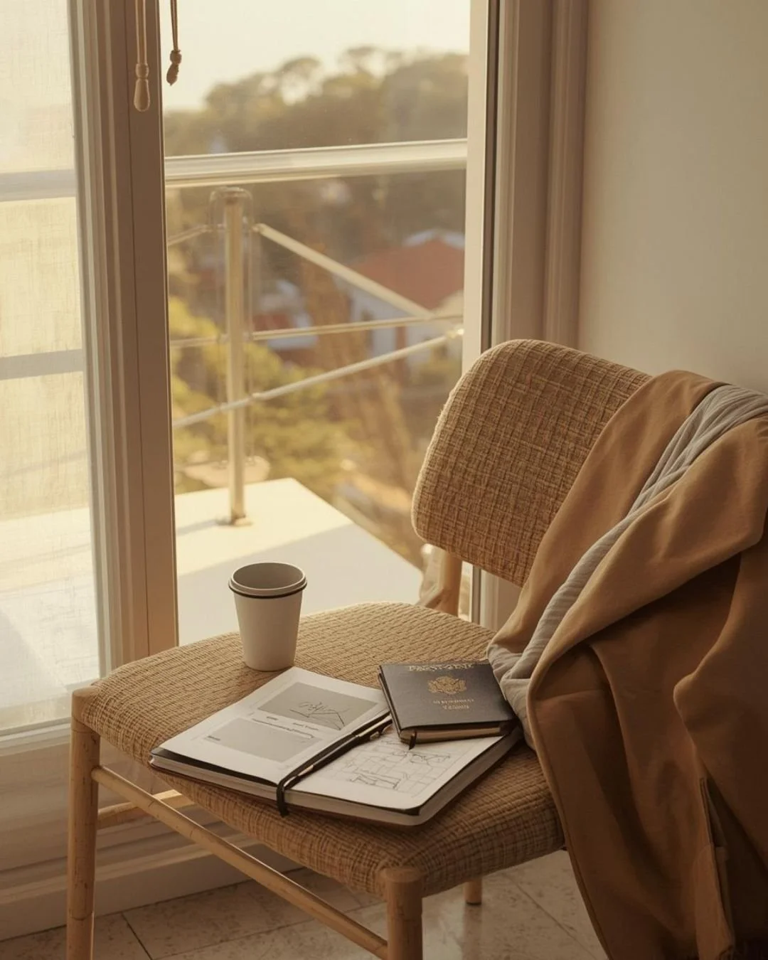 Sunlit corner by a window with a woven chair draped in a blanket, a coffee cup, an open journal, and a passport resting on the seat.