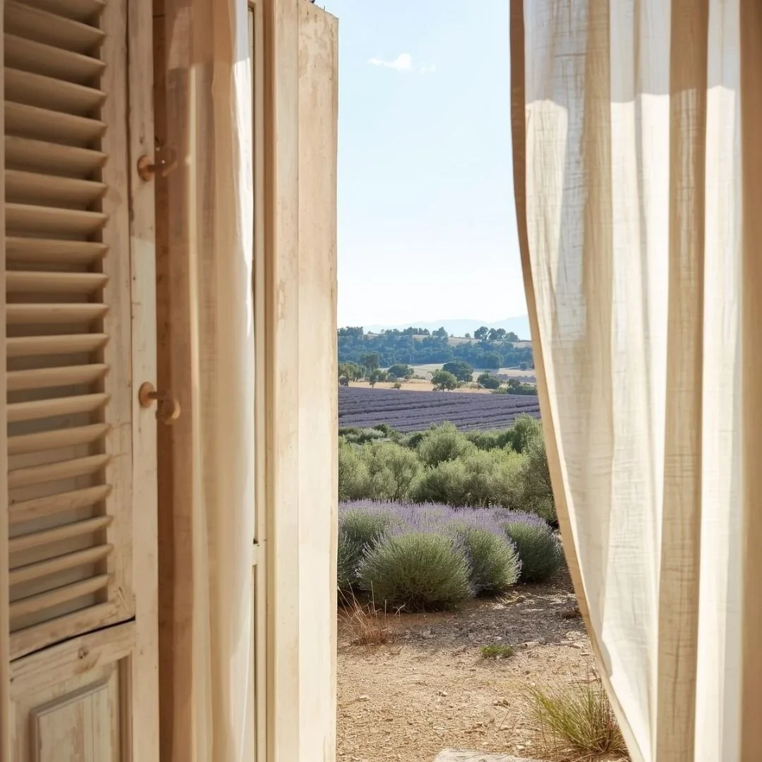 Sunlit French countryside viewed through open wooden shutters, with lavender fields and rolling hills beyond
