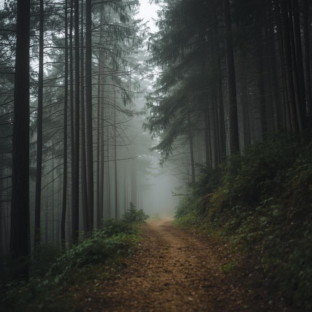 Misty pine forest trail in Bhutan with a quiet earthen path disappearing into tall trees