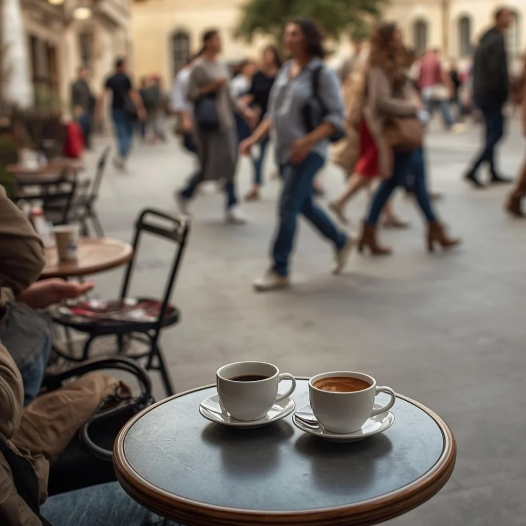 Two cups of coffee on a small café table as people stroll past in a European street, capturing a moment of pause, everyday life, and unhurried urban rhythm.