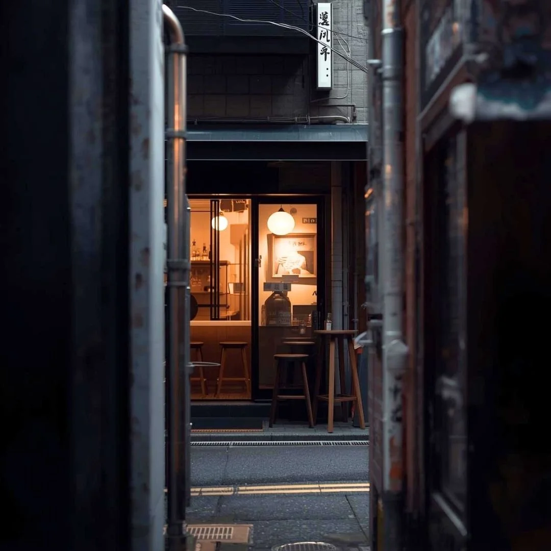 A small cozy eatery in a quiet Tokyo alley with warm light spilling onto the street, capturing an intimate and hidden side of the city