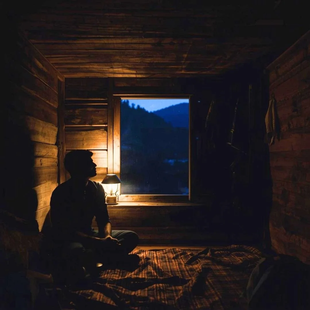 Indian traveller sitting inside a wooden homestay room in Arunachal Pradesh looking out at mountains through a window at dusk