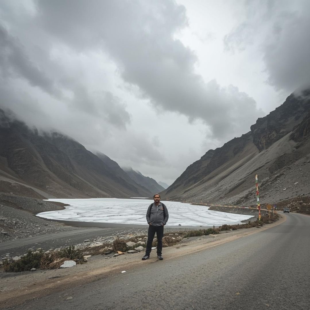 Indian traveller standing by a mountain road overlooking a vast lake at Sela Pass in Arunachal Pradesh