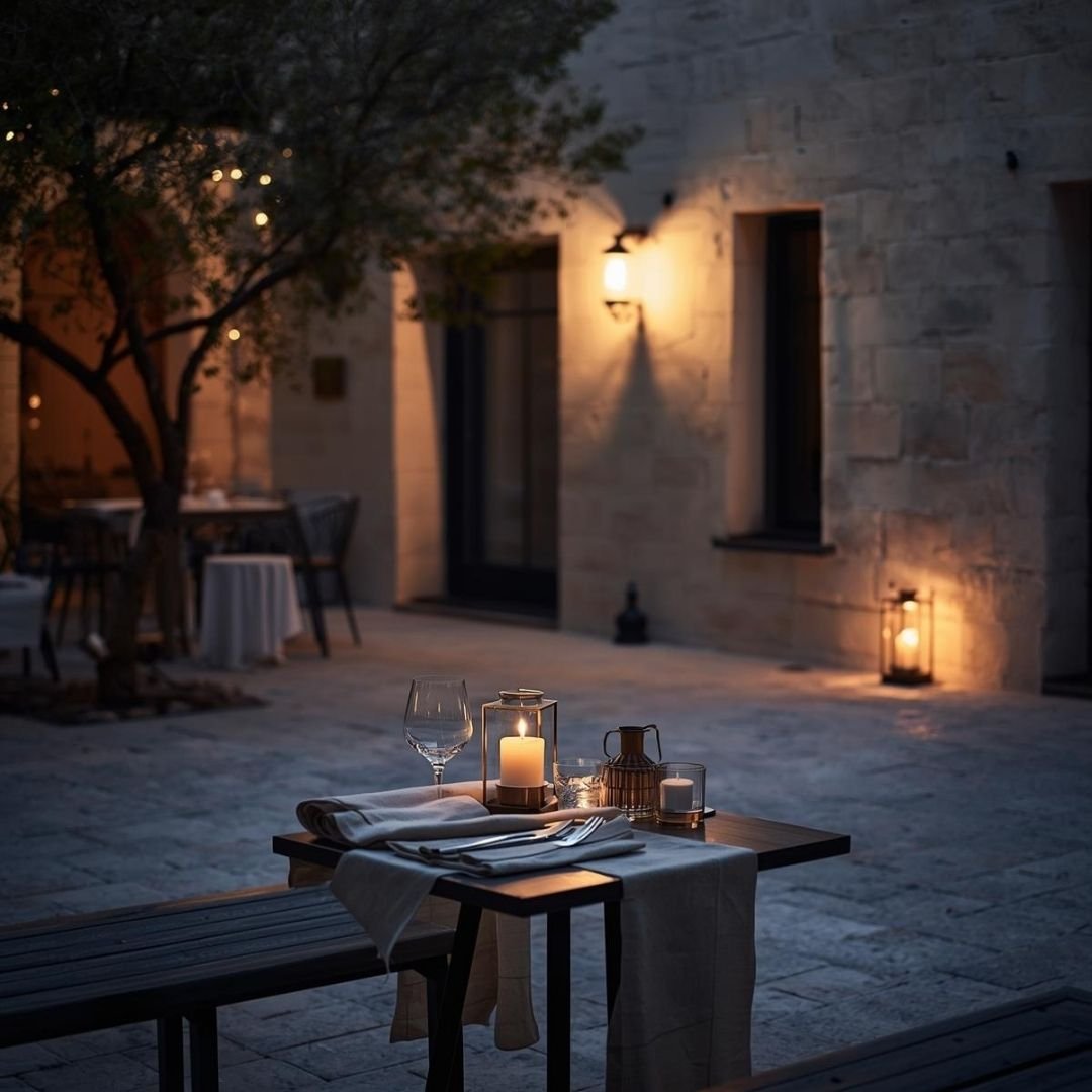 A cozy outdoor dining scene at dusk with a table set with white napkins, wine glasses, and candles illuminated by lanterns, against a stone building with lit wall-mounted lamps.