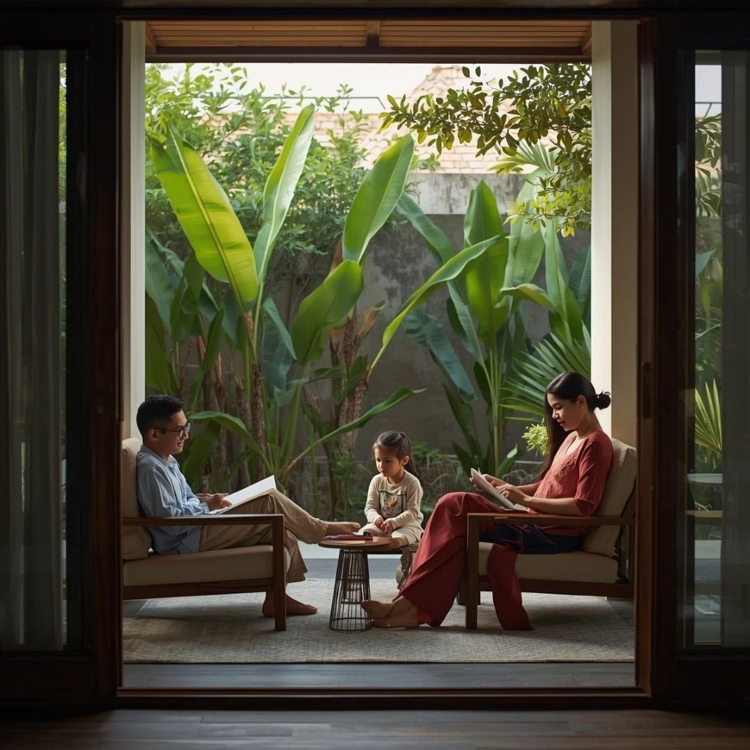 Indian family relaxing quietly in a Bali villa surrounded by greenery, spending a slow and unhurried moment together