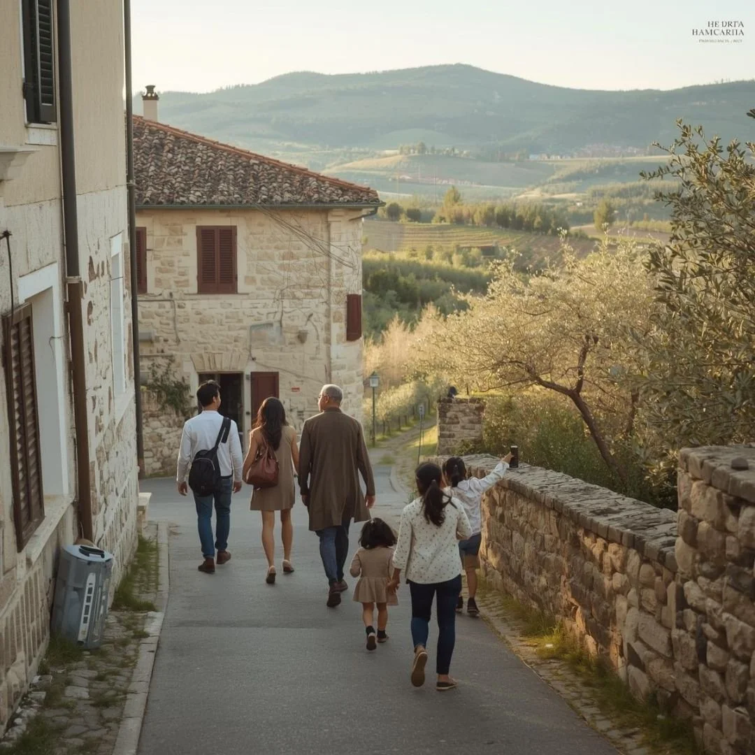 A family walking together through a quiet stone village in Istria, Croatia, with countryside views and soft evening light.
