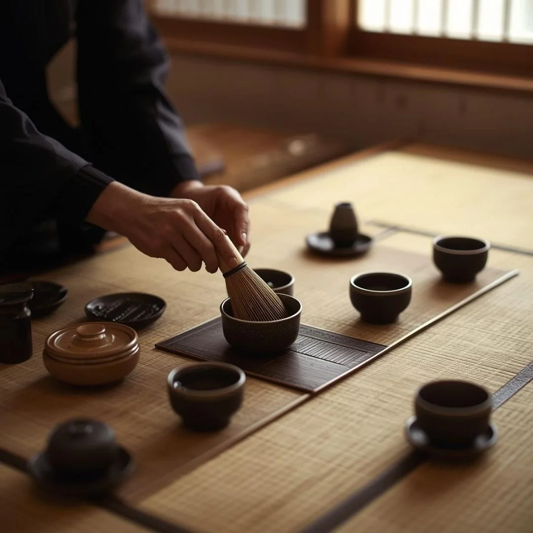 Hands preparing matcha during a traditional Japanese tea ceremony, with ceramic bowls arranged on tatami flooring, capturing ritual, rhythm, and calm