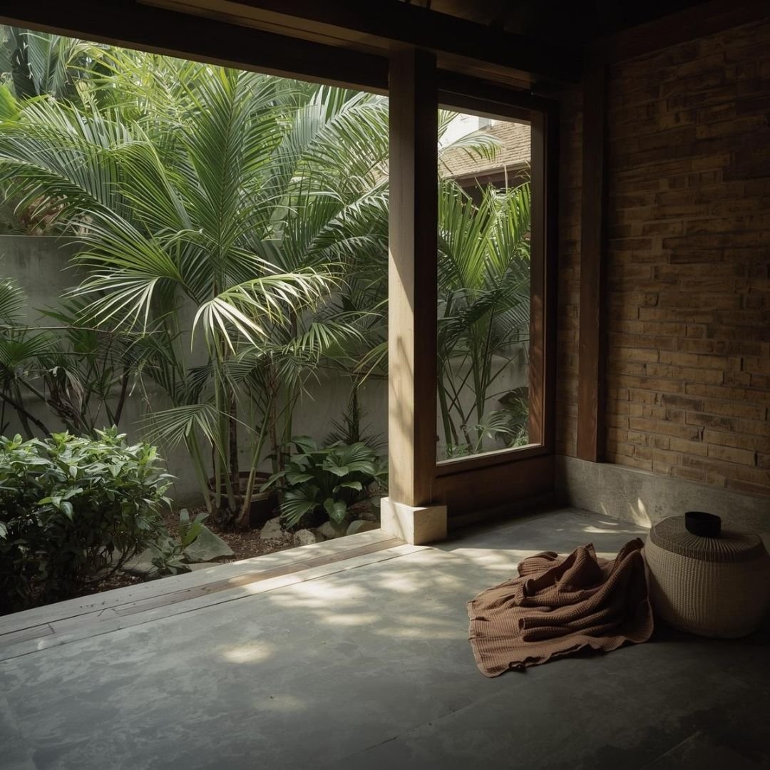 Quiet open-air Bali courtyard with natural materials and soft light, creating a calm and grounded atmosphere surrounded by tropical greenery