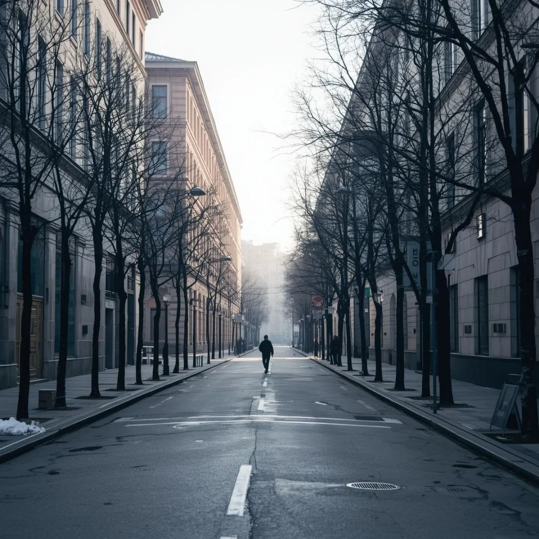 A lone pedestrian walking down a quiet, tree-lined city street in soft morning light.