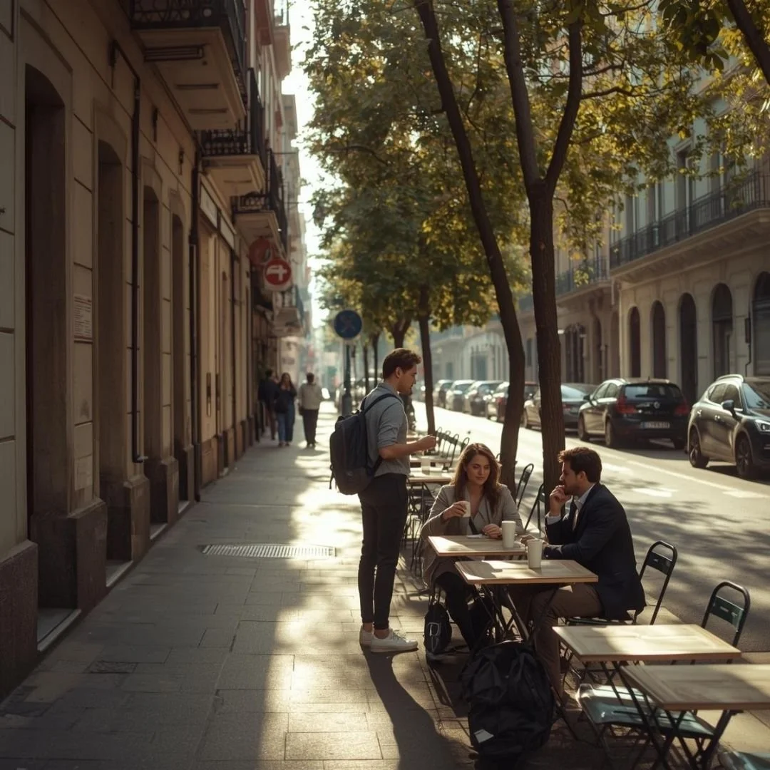 People seated at small café tables along a quiet Madrid street in soft morning light, trees lining the pavement and historic buildings in the background.