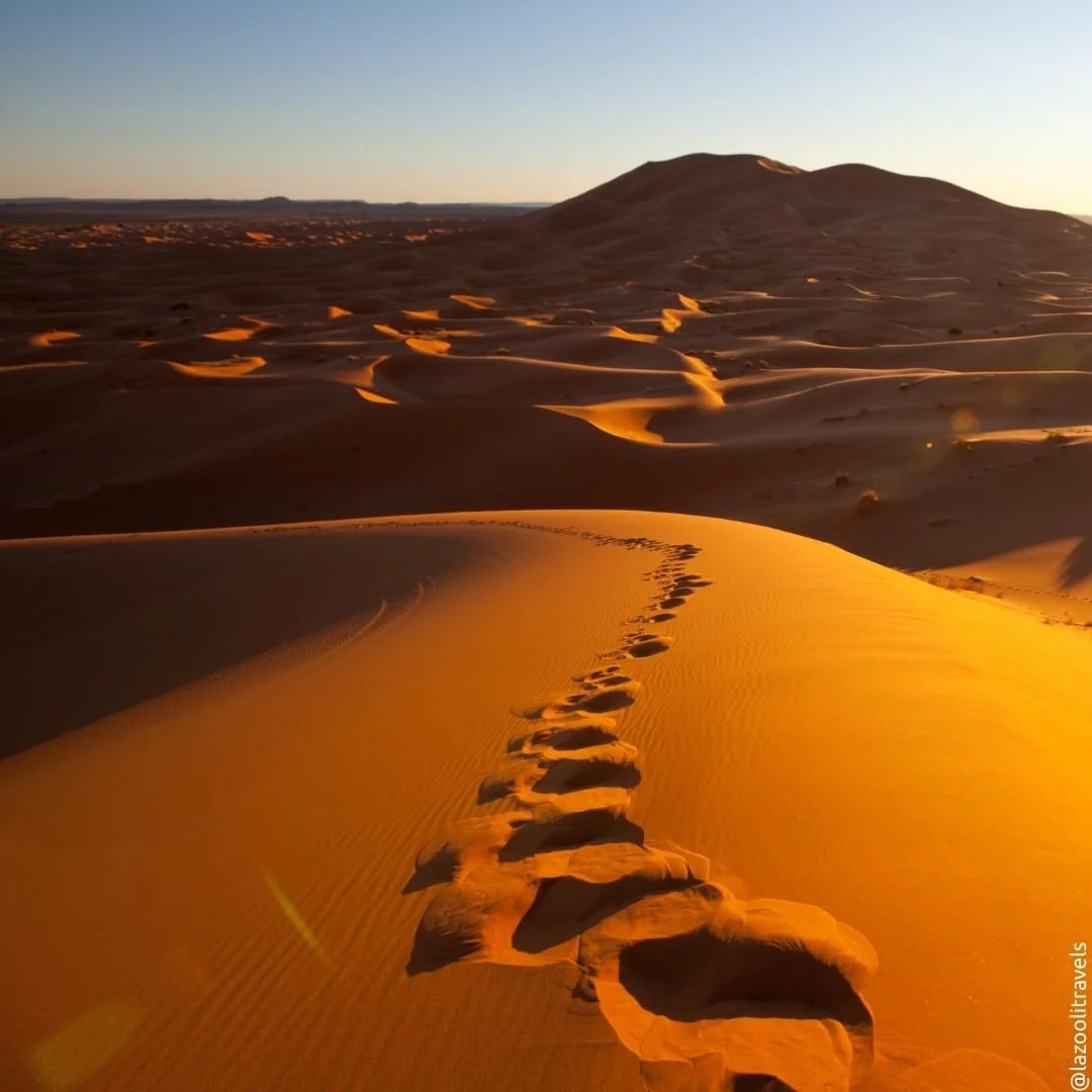 Golden dunes of the Namib Desert at sunset, marked by a solitary trail of footprints across the sand.