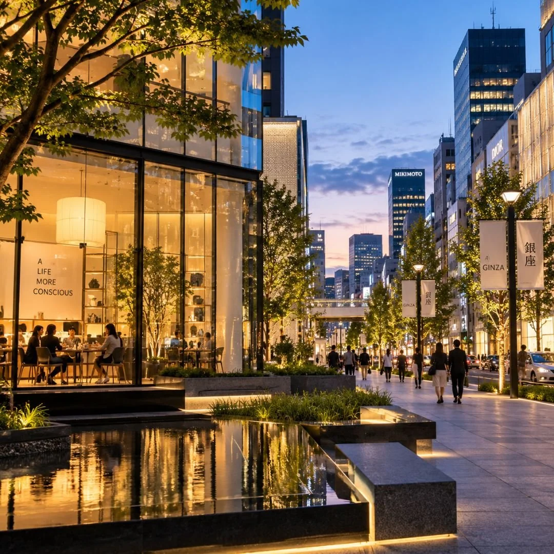 Alt text: Contemporary architecture and illuminated streets in Tokyo, Japan, at dusk