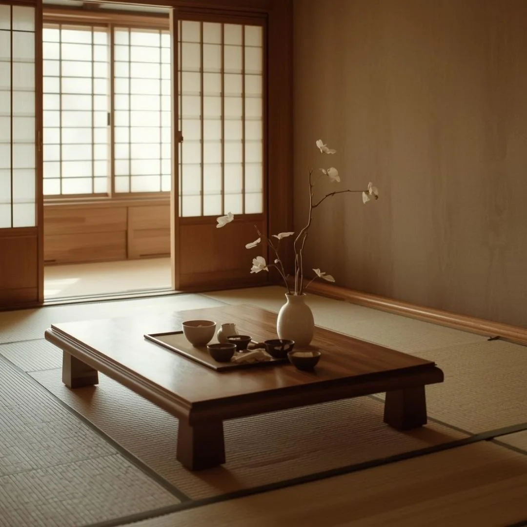 Minimal Japanese tea room with tatami flooring, low wooden table, and soft natural light creating a calm atmosphere