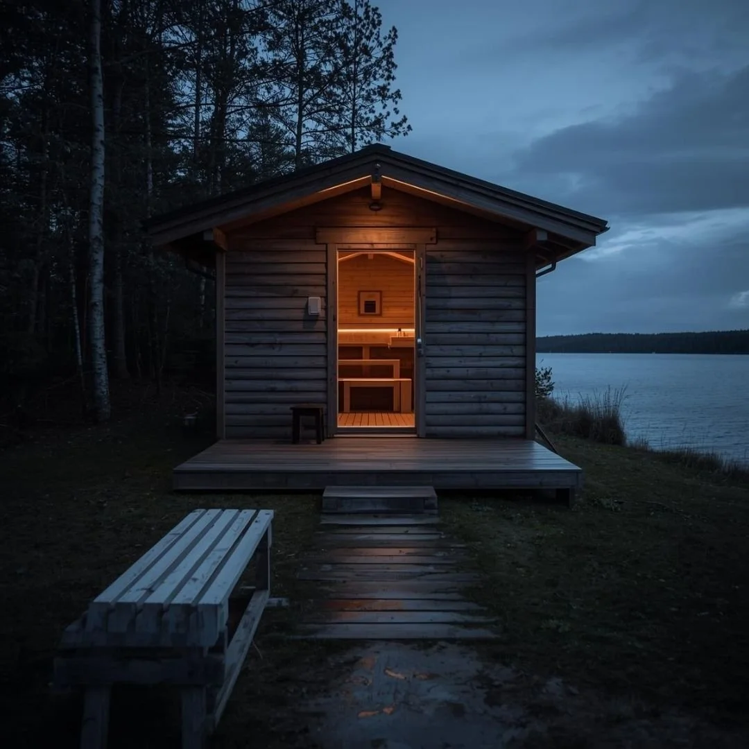 A traditional wooden sauna by a lake in Finland, softly lit at dusk and surrounded by forest.