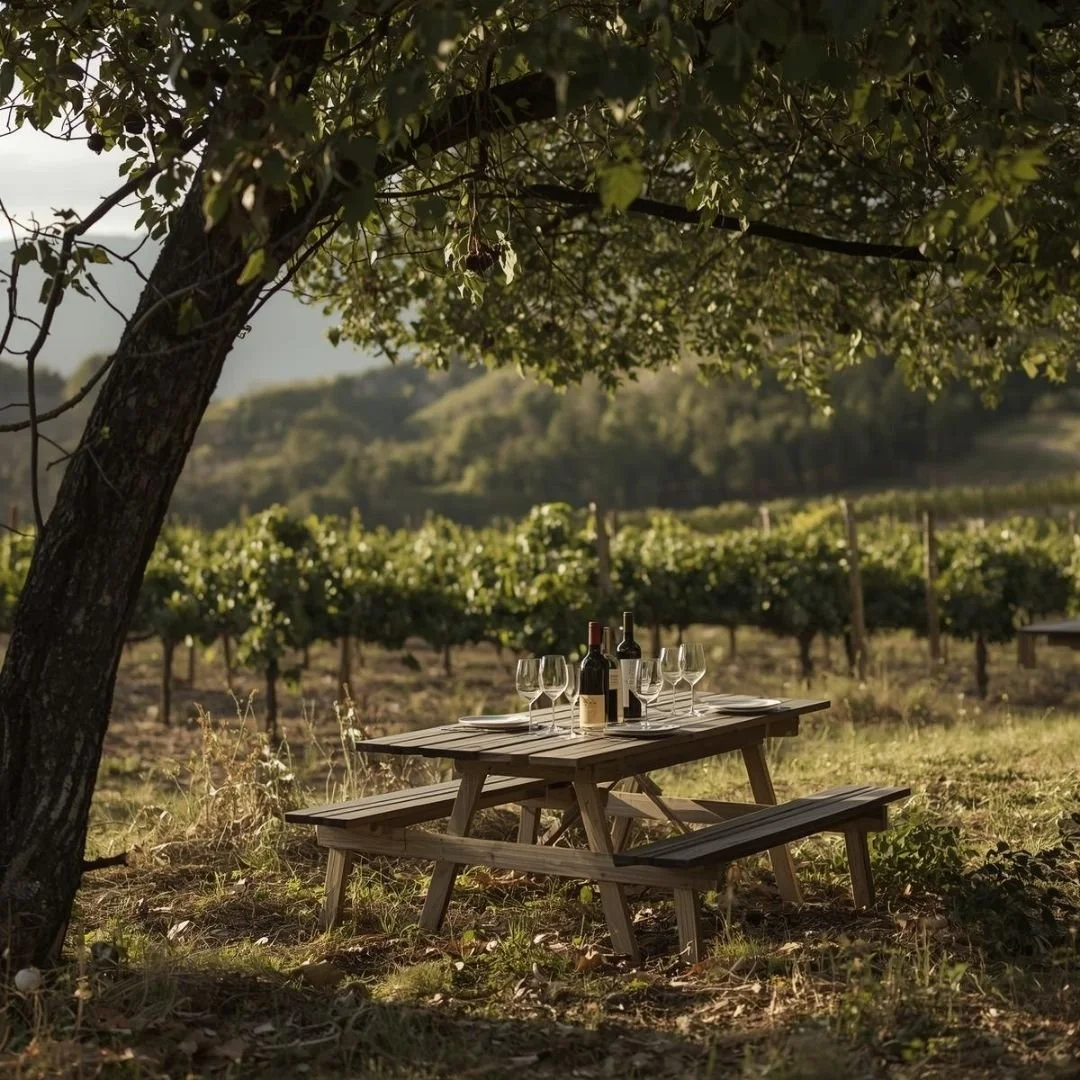 A quiet vineyard setting in inland Croatia, where a wooden table, wine, and shade invite an unhurried pause.