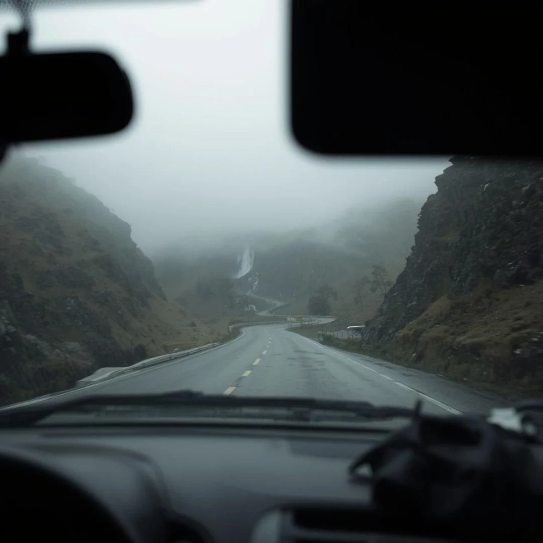 View from inside a car driving through misty mountain roads in Arunachal Pradesh near Tawang
