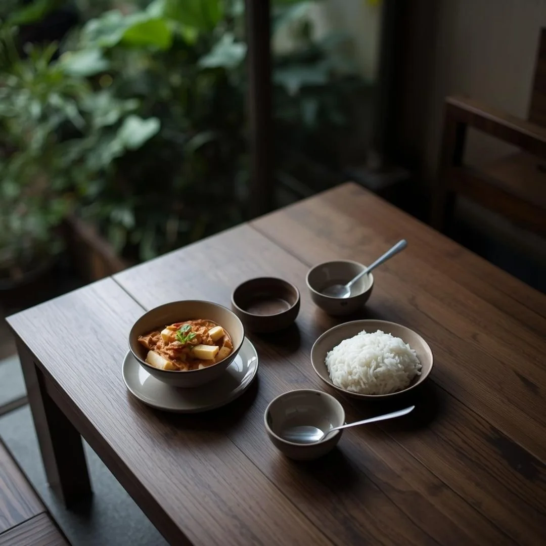 Ema datshi and rice served simply on a wooden table in Bhutan