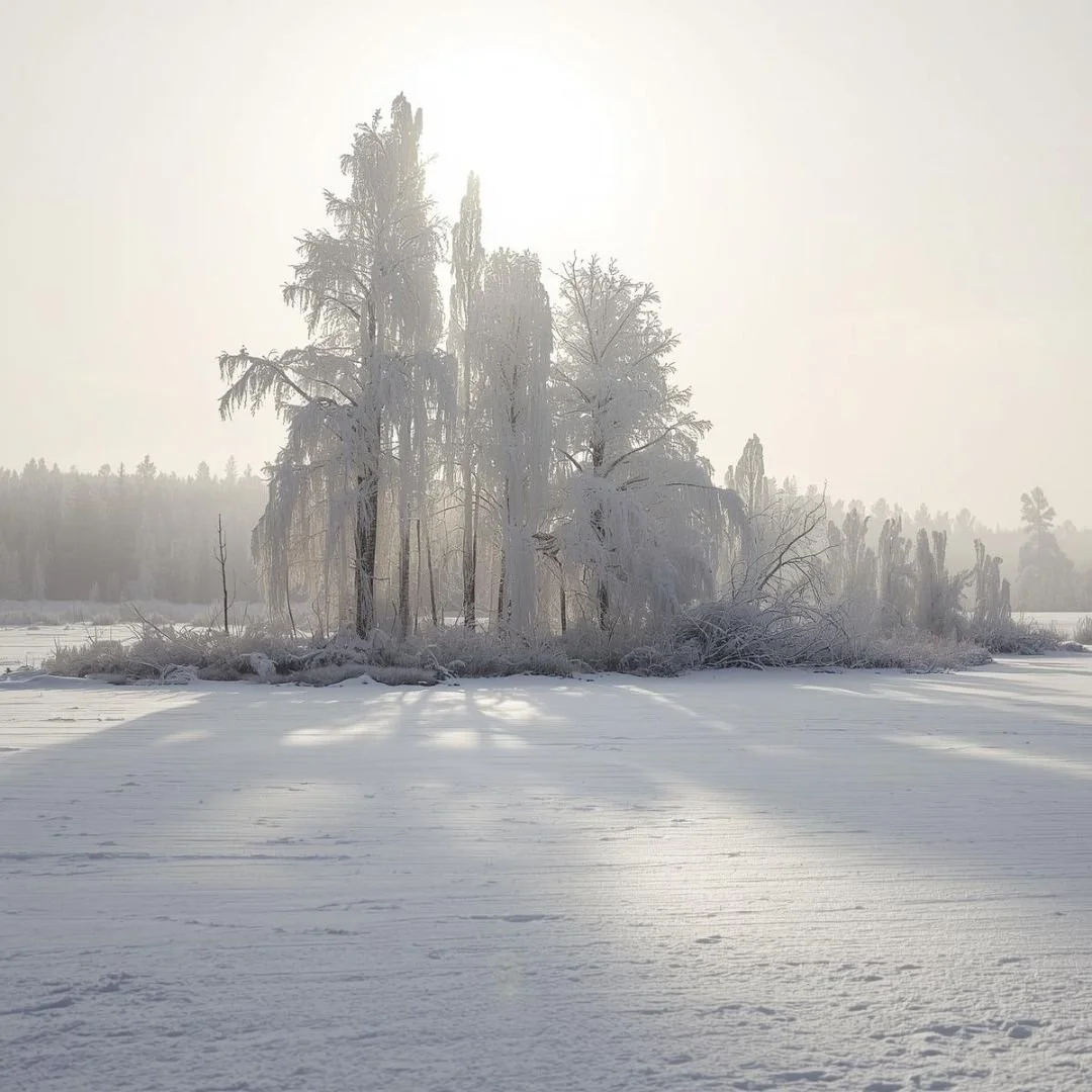 Snow-covered trees rising from a frozen lake in Finland, softened by winter mist and pale sunlight, creating a quiet, still Nordic landscape.