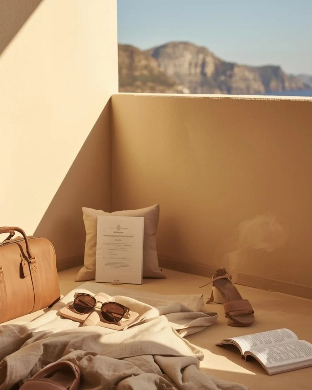 Sun-warmed terrace with soft linens, sunglasses, a book, and a leather travel bag, with a minimalist wall framing distant coastal mountains.