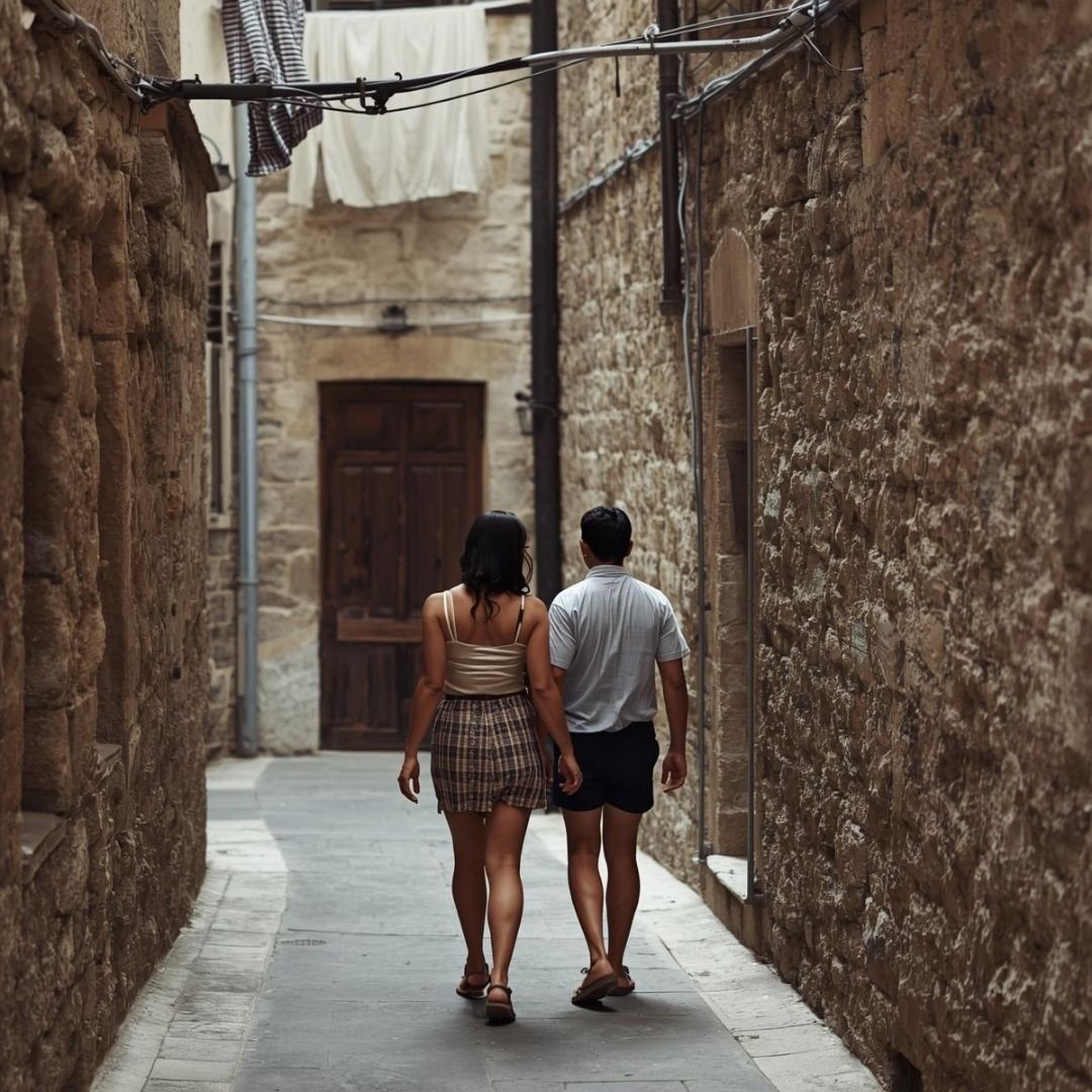 A couple strolling through a quiet stone lane in Split, where worn walls and soft light slow the moment.