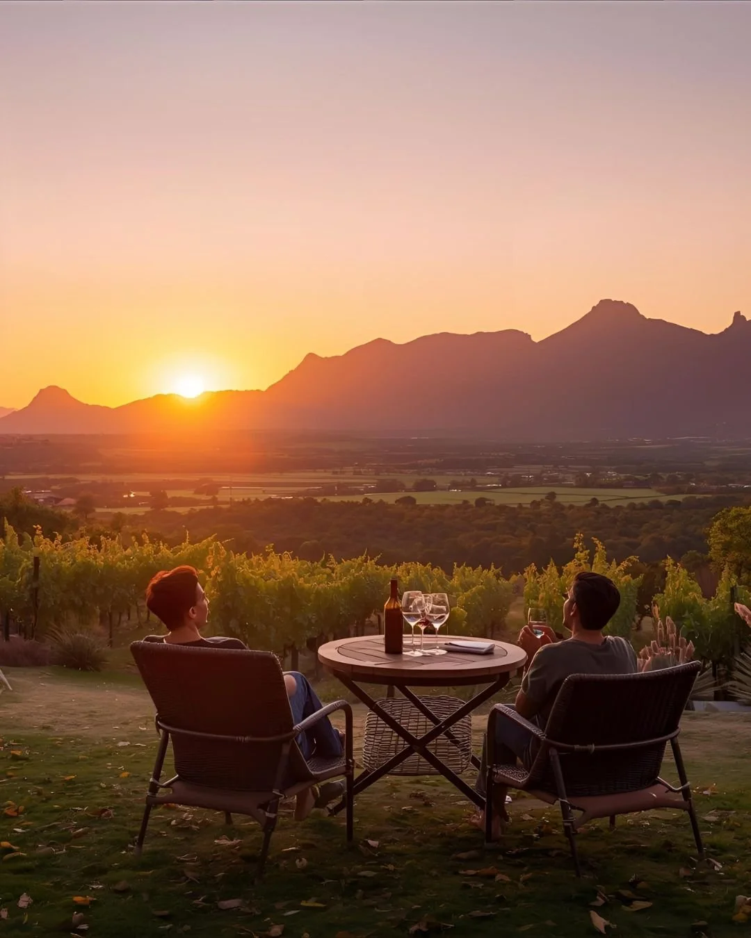 A man and a woman sitting at a table in a vineyard during sunset, with mountains in the background, wine glasses and a bottle on the table.