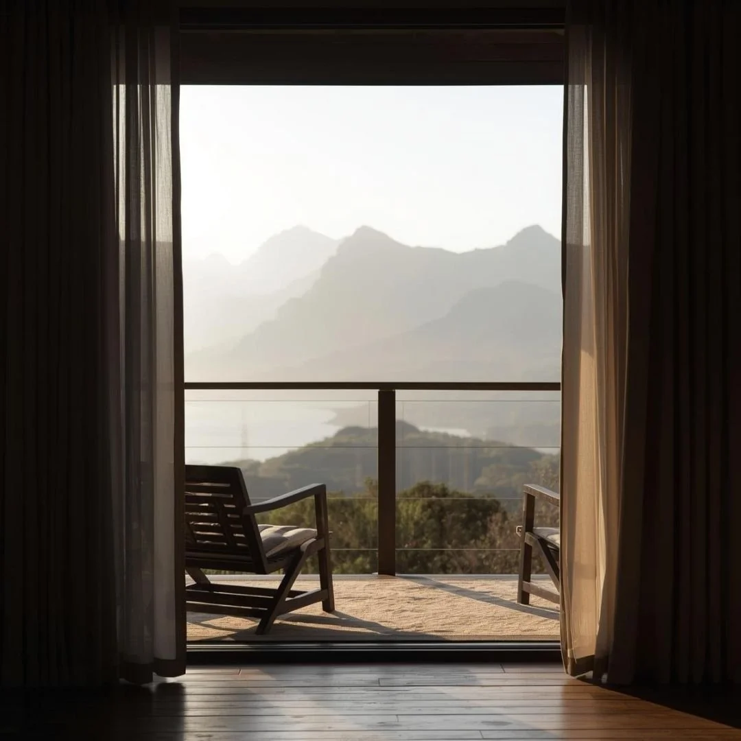 A quiet balcony opening onto distant mountains, inviting pause, light, and uninterrupted views.