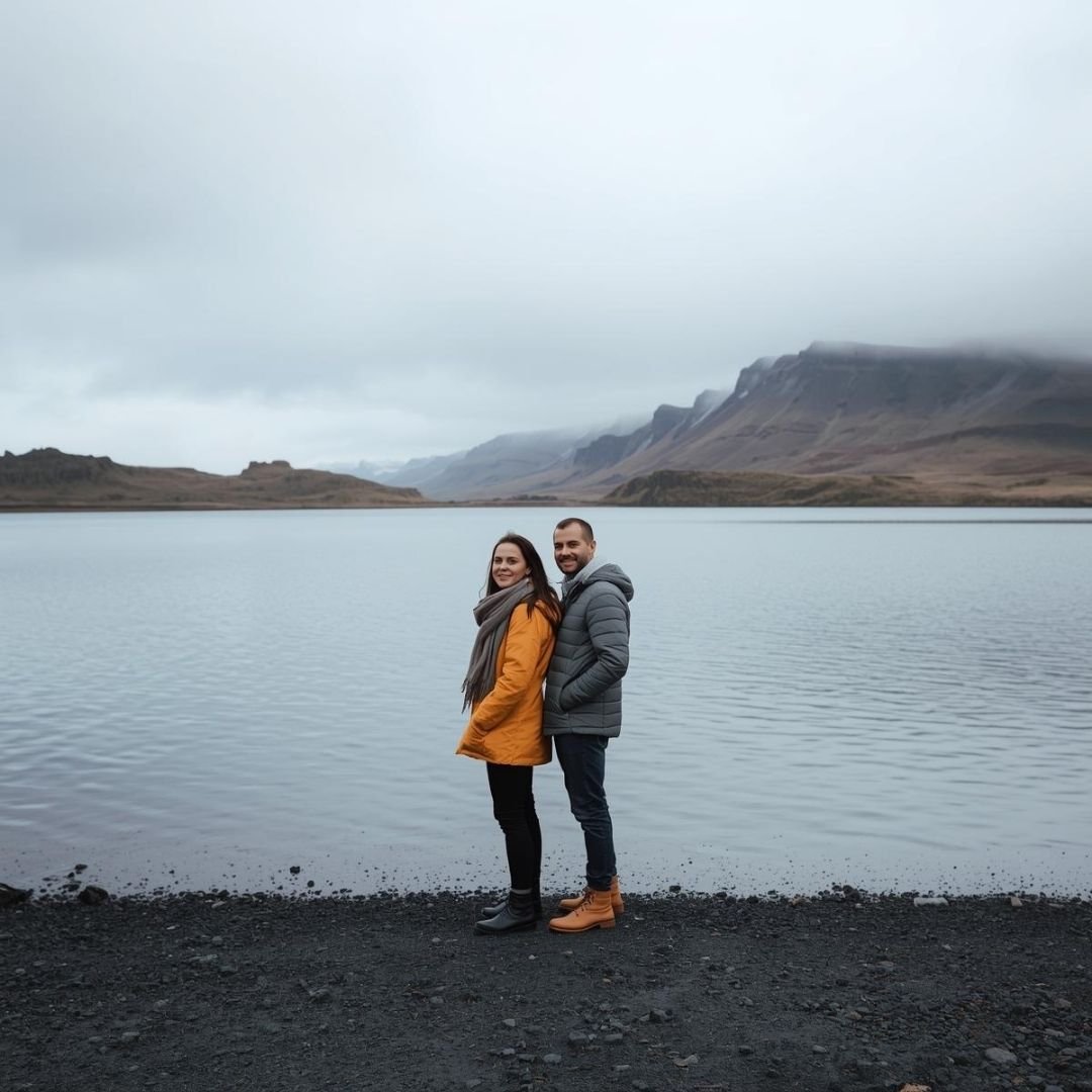 A couple standing quietly by a calm Icelandic lake under an overcast sky, dressed in warm jackets, with rugged mountains fading into mist in the background.