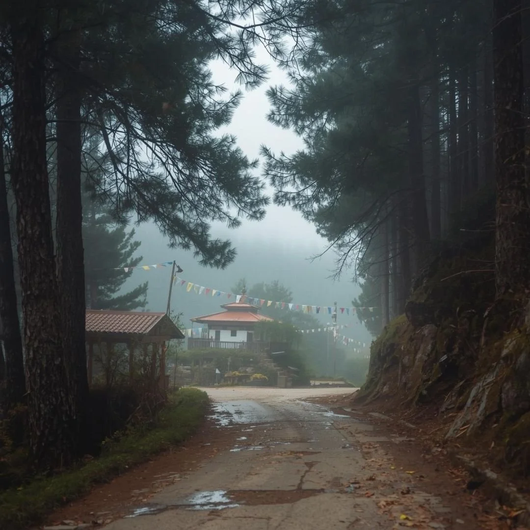 Paro Bhutan forest road with pine trees, prayer flags, and a monastery in misty mountain surroundings