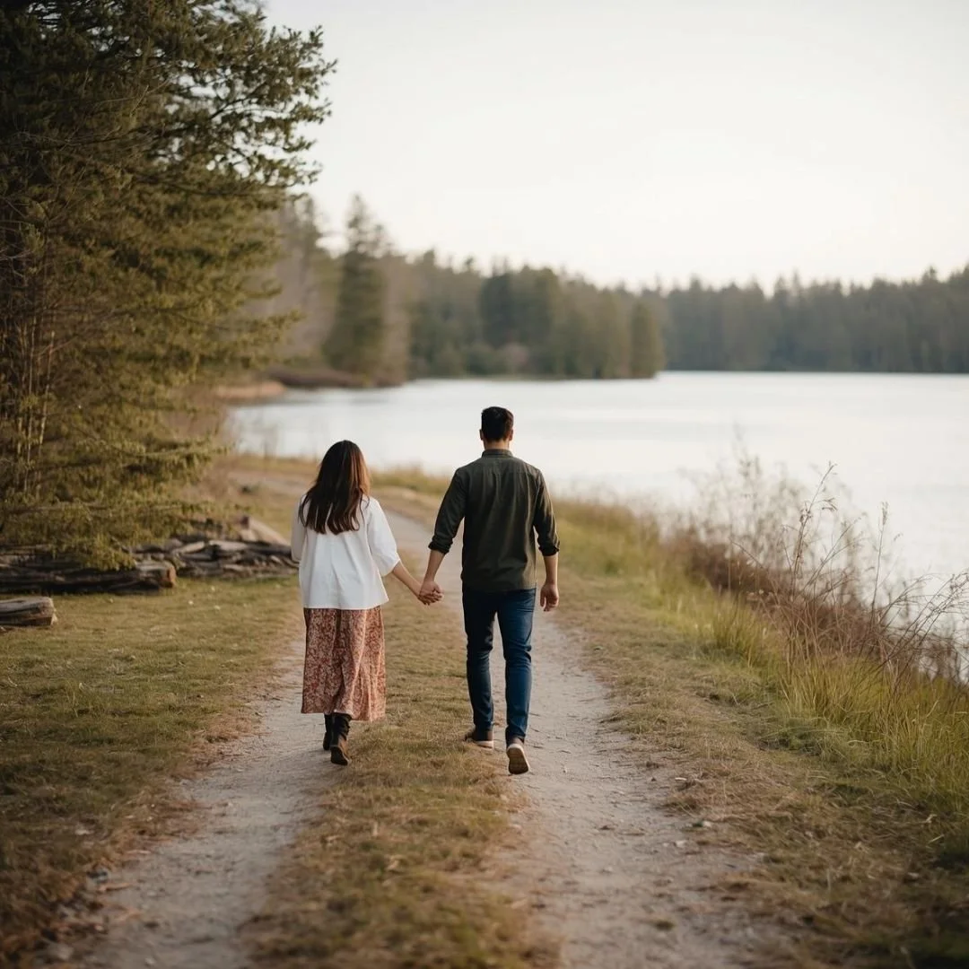 A couple walking hand in hand along a lakeside path, surrounded by forest and calm water.
