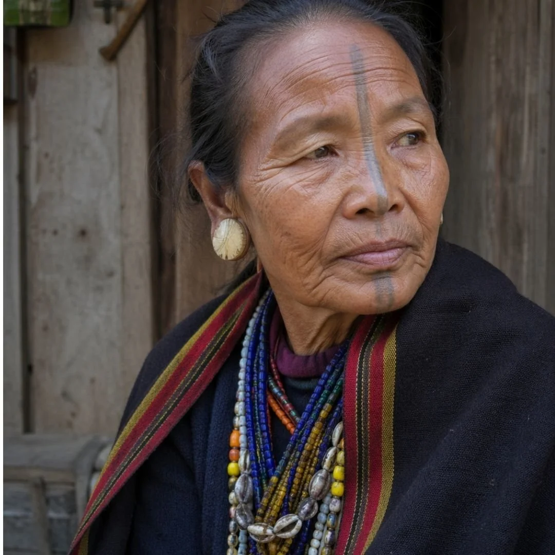 Portrait of an elderly tribal woman in Arunachal Pradesh wearing traditional jewelry, seated outside a wooden village home, captured in soft natural light with a calm, reflective expression.