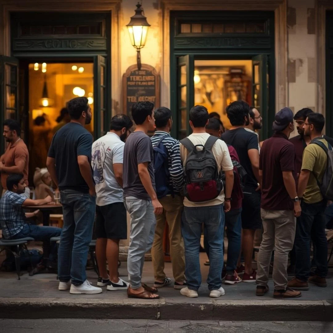 A group of people standing closely together outside a warmly lit café in Spain, gathered casually on the street as evening begins, with conversations spilling out from the open doorway.