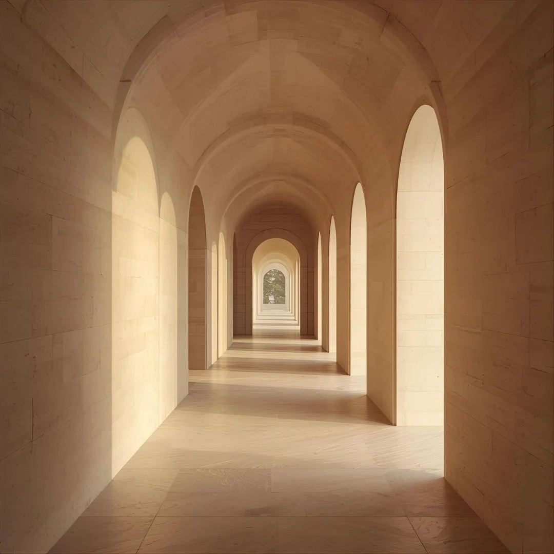 Minimalist archway corridor with warm stone and soft light, symbolising a quiet, reflective journey — Lazooli Travels aesthetic.