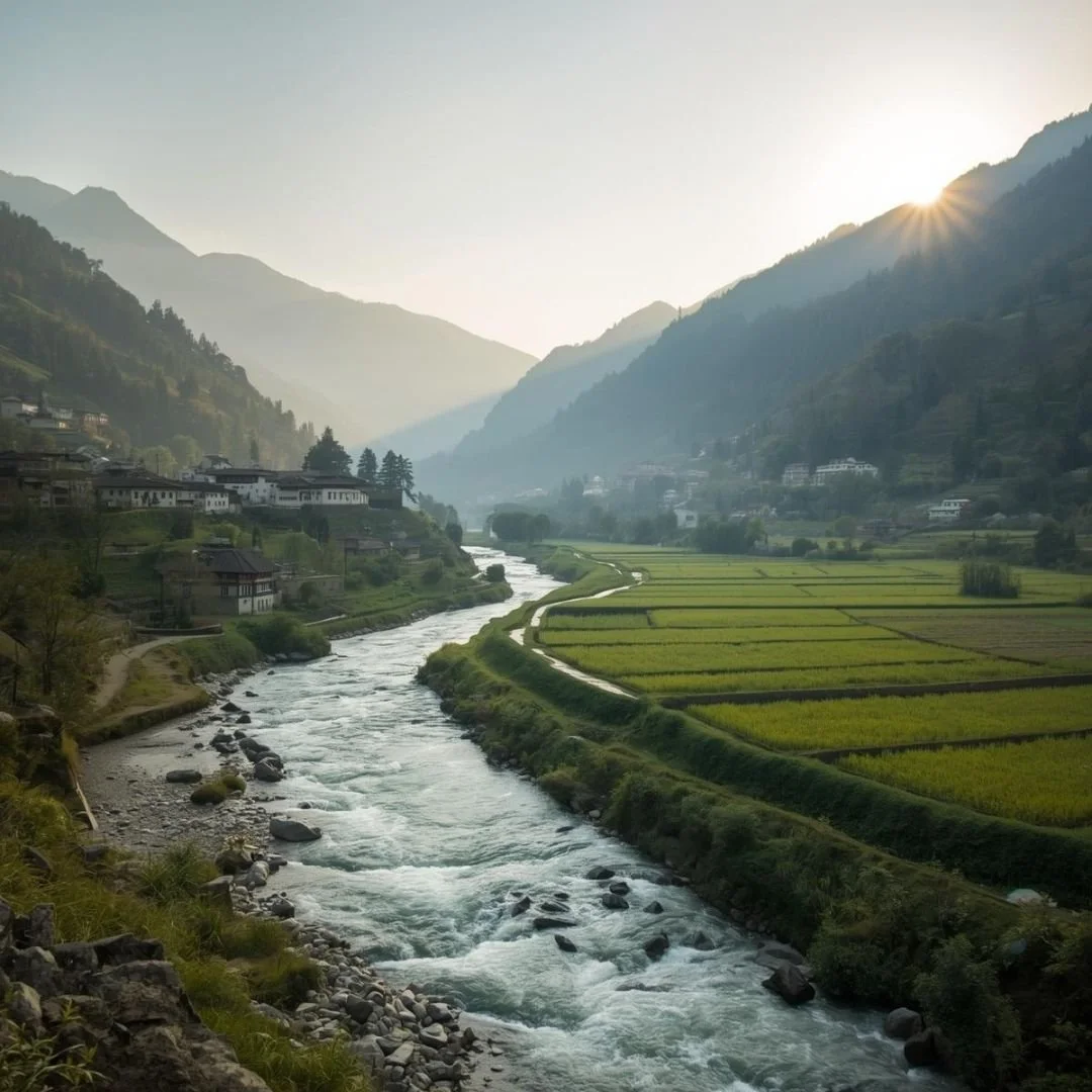 Punakha Valley Bhutan landscape with river, terraced rice fields, and Himalayan mountains in soft morning light