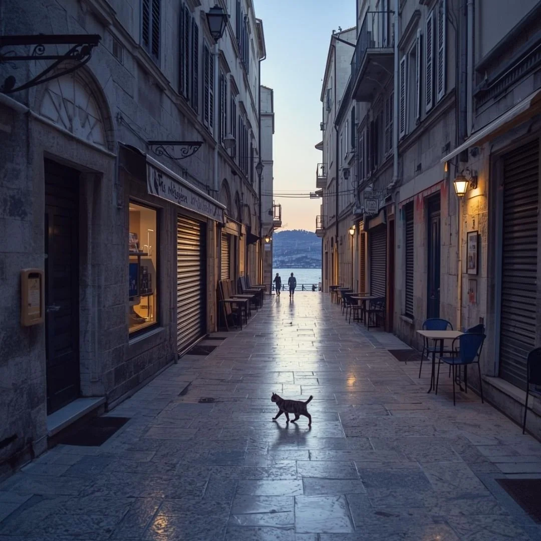 Empty stone street in Dubrovnik at dusk, with shuttered shops, warm streetlights, and a cat crossing toward the sea.
