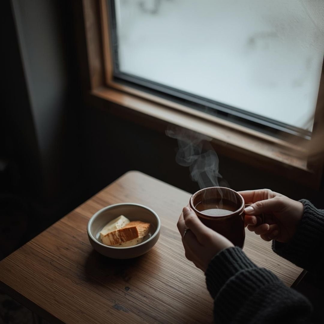 Hands holding a warm cup of coffee beside a simple breakfast on a wooden table, with steam rising gently as soft light filters through a window, creating a quiet, intimate moment.