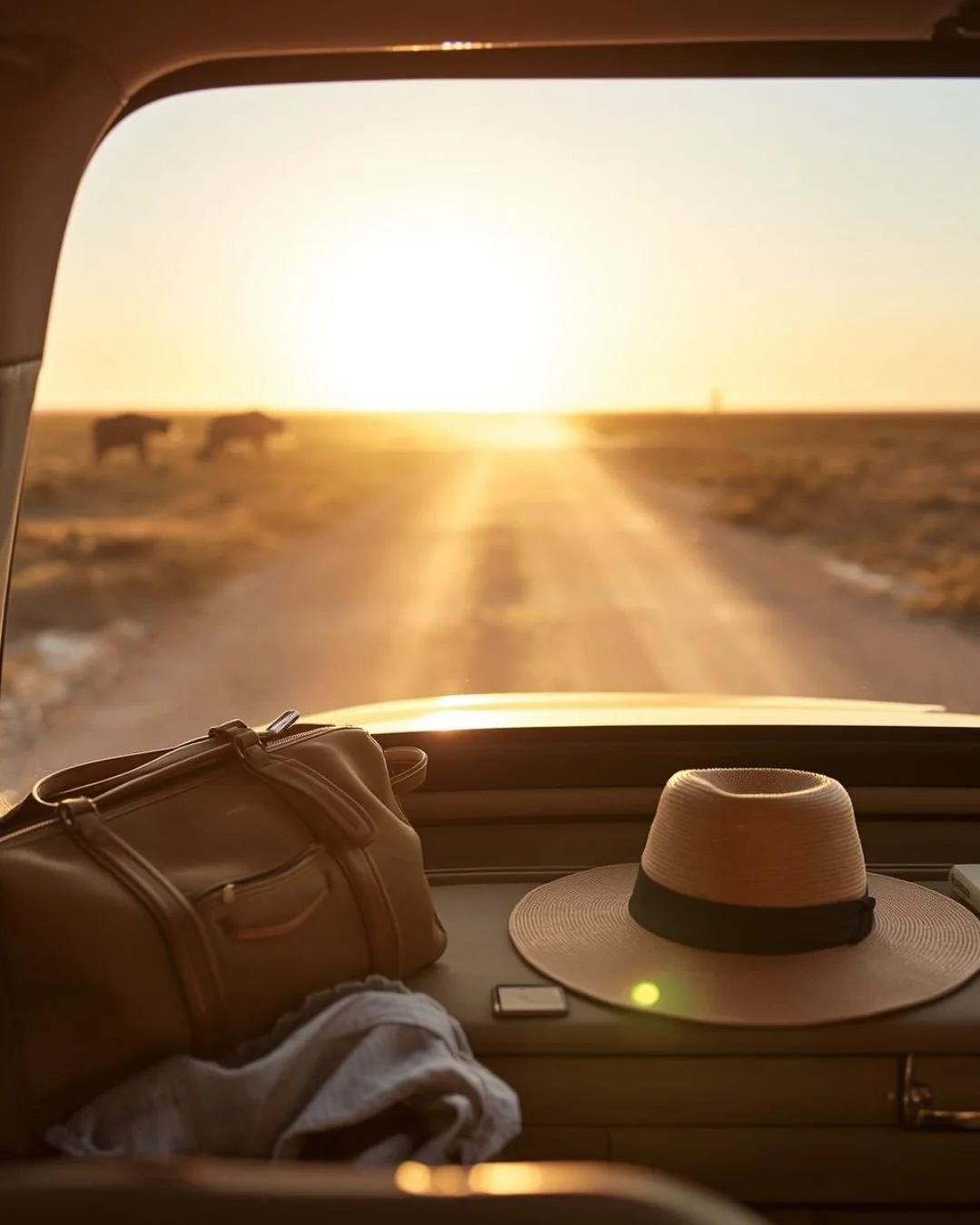 View through a car window of a sunlit open road at golden hour, with a leather bag and straw hat resting on the back seat and wildlife silhouettes in the distance.