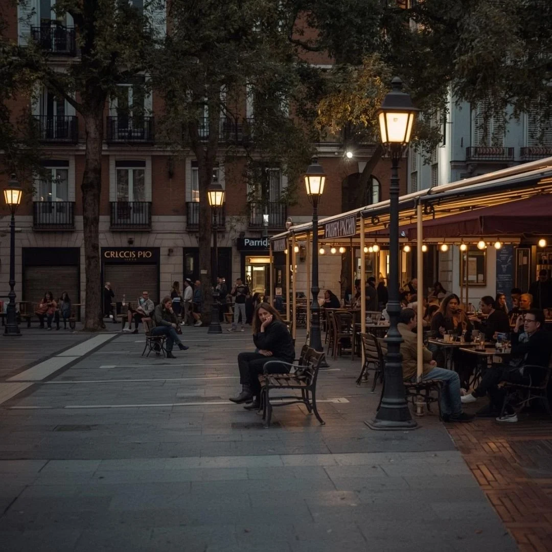 People sitting at outdoor café tables in a Madrid square at dusk, street lamps glowing as the evening settles in.