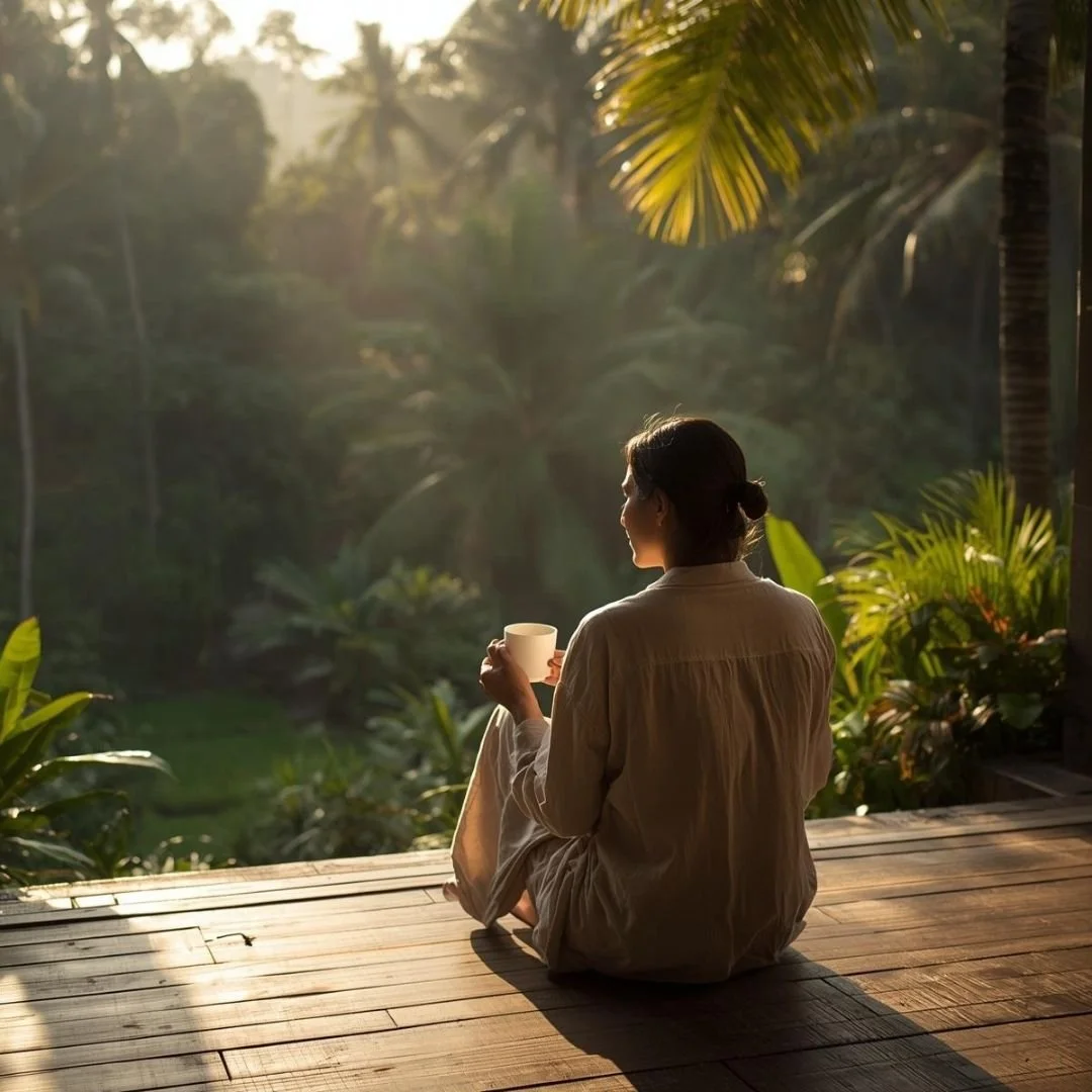 Solo traveller sitting on a quiet Bali villa terrace at sunrise, holding coffee and overlooking lush tropical greenery in soft morning light
