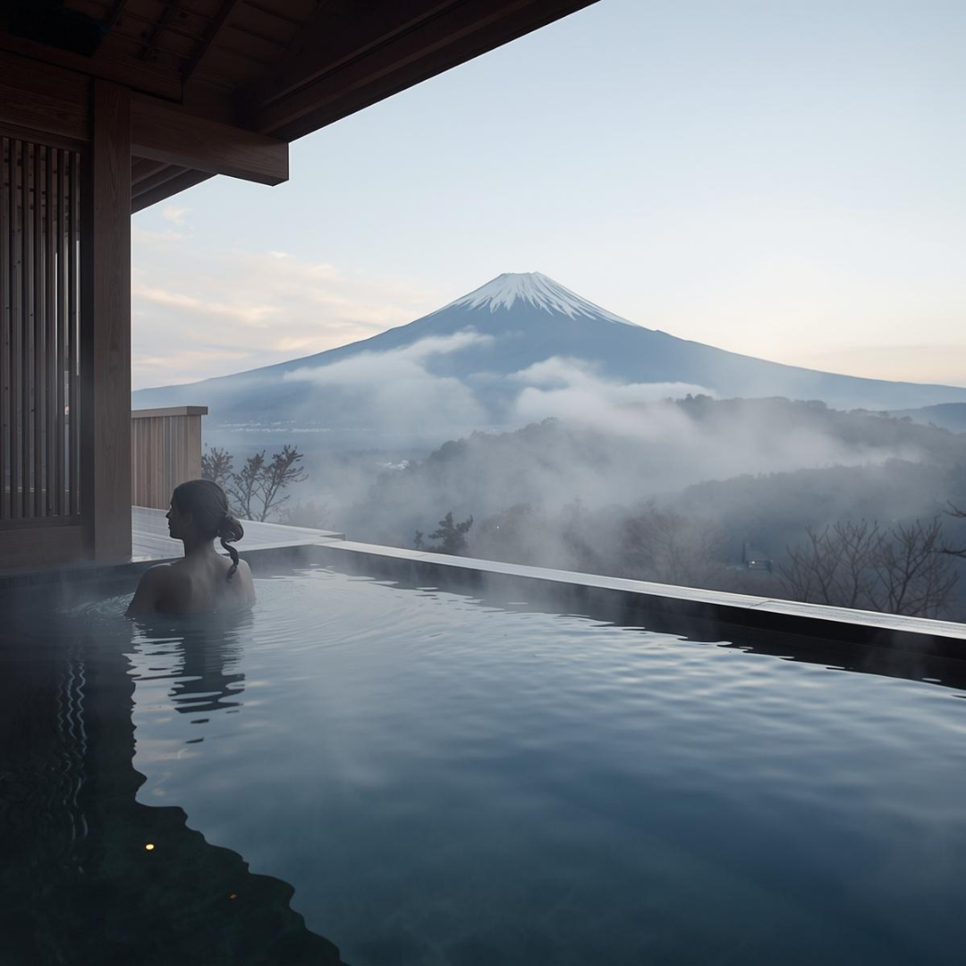 Outdoor onsen bath overlooking Mount Fuji at dawn with misty landscape and calm reflective water