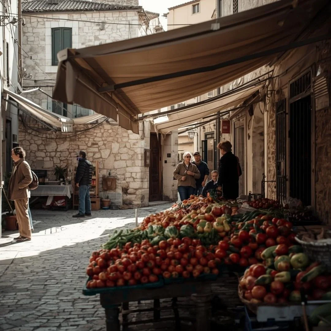 “Local produce market under shaded awnings in a stone-paved Croatian town, people moving through daily routines
