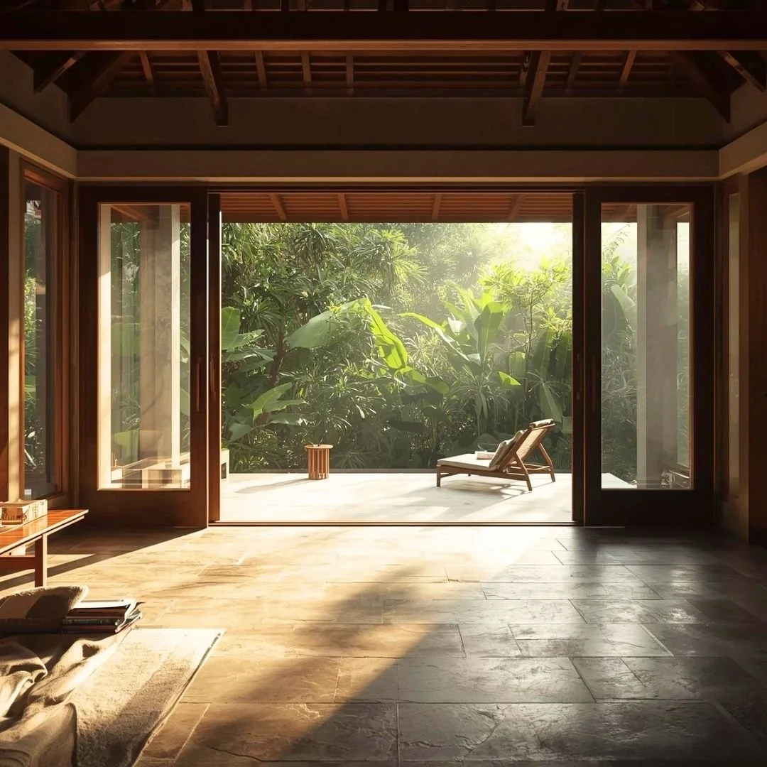 Open-air Bali villa with seamless indoor and outdoor living space, overlooking lush tropical greenery in soft natural light