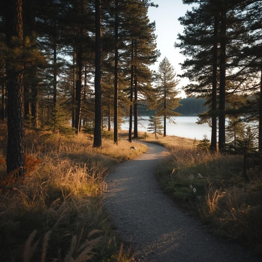 A narrow walking path winding through a pine forest toward a quiet Finnish lake, bathed in soft golden light and surrounded by tall trees and wild grasses.